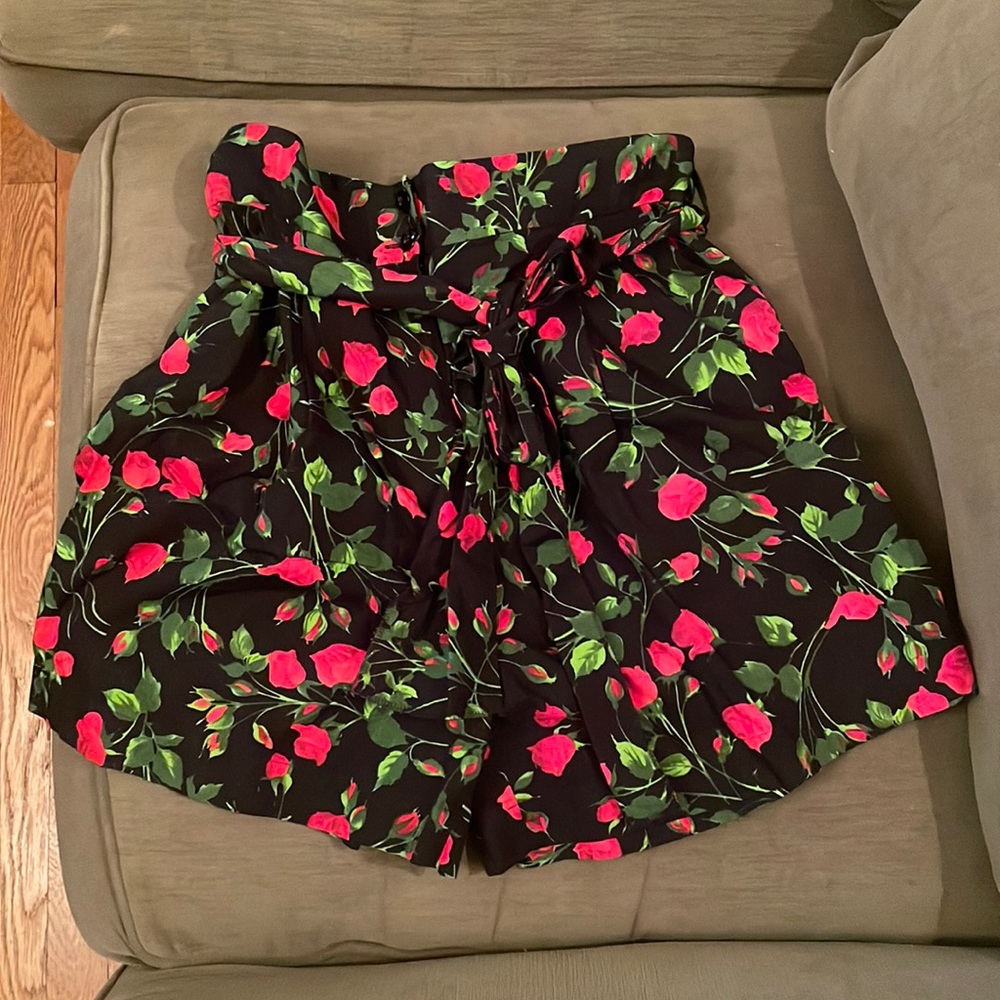 Dolce & Gabbana Black Floral Paperbag Waist Shorts with Pink Roses
